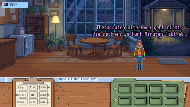 Café Achtsam mit Tisch am Glasdach, Urs steht im Raum und stellt sich vor