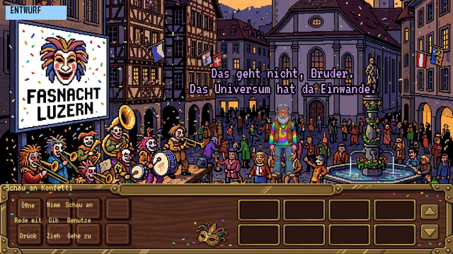 Kapellplatz Luzern an der Fasnacht mit Guggenmusig und Konfetti, Urs mittendrin, Leiste in Holz und Messing