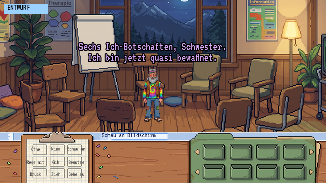 Gruppenraum mit Stuhlkreis und Flipchart, Urs steht mittendrin